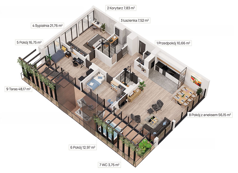 Rzut apartamentu 107 z tarasem 48,17 m²
