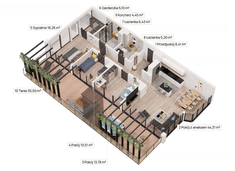 Rzut apartamentu 99 z tarasem 55,50 m²